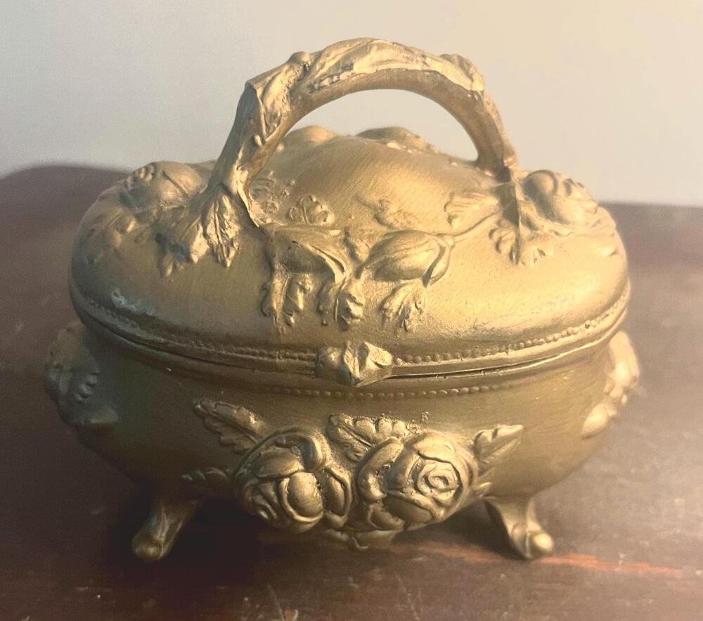 Antique N.B. Rogers Art Nouveau Jewelry Casket, Gold Gilt Rose Trinket Box
